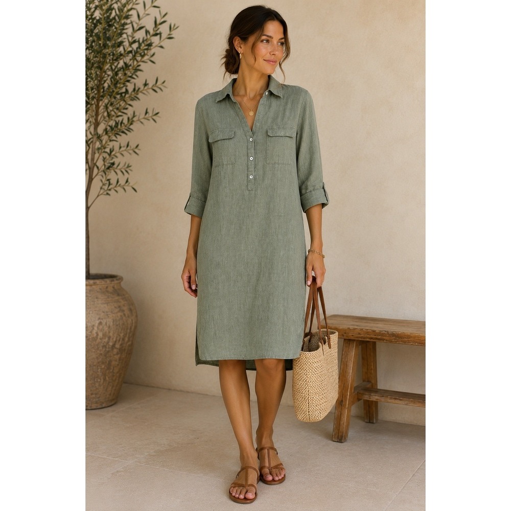 Calypso Christiane Celle Linen Shirt Dress Sage Green Midi Utility Pockets M